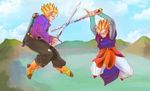  2boys battle dragon_ball dragonball_z flying future_trunks male male_focus multiple_boys son_gohan super_saiyan sword sword_fight time_paradox trunks_(dragon_ball) weapon 