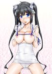  black_hair blue_eyes blue_ribbon blush breasts cleavage cleavage_cutout dress dress_pull dungeon_ni_deai_wo_motomeru_no_wa_machigatteiru_darou_ka ganari_ryuu gloves hair_ribbon hestia_(danmachi) large_breasts long_hair looking_at_viewer nipples open_mouth panties rei_no_himo ribbon solo twintails underwear very_long_hair white_dress white_gloves white_panties 