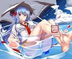  afloat bad_id bad_pixiv_id barefoot blouse blue_hair breasts breasts_apart crotch feet food fruit hat hinanawi_tenshi innertube large_breasts leaning_back long_hair looking_at_viewer mouth_hold neropaso panties peach petals popsicle red_eyes shirt short_sleeves solo touhou umbrella underwear water watermark white_blouse white_panties white_shirt 