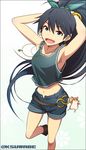  :d animal armpits arms_behind_back arms_up belt black_hair blue_eyes bracelet crop_top earrings ganaha_hibiki hamster hamuzou idolmaster idolmaster_(classic) jewelry kei-suwabe looking_at_viewer midriff navel necklace open_fly open_mouth pendant ponytail shorts smile solo tank_top unzipped 