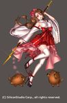  1girl bare_shoulders boar breasts brown_hair flower hair_flower hair_ornament halterneck high_heels large_breasts long_hair looking_at_viewer miko no_bra nontraditional_miko ryuki@maguro-ex shrine_maiden simple_background staff thighhighs wide_sleeves wild_boar zettai_ryouiki 