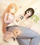  3girls ? ayase_asagi ayase_ena azumanga_daiou blush brown_eyes brown_hair creator_connection crossover duralumin eighth_note green_hair jajala kasuga_ayumu koiwai_yotsuba long_hair magazine multiple_girls musical_note quad_tails yotsubato! 