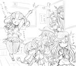 6+girls :d ^_^ admiral_(kantai_collection) akatsuki_(kantai_collection) anchor_symbol closed_eyes commentary eighth_note fang flat_cap flute flying_sweatdrops folded_ponytail greyscale hair_between_eyes hair_ornament hairclip hat headgear heart hibiki_(kantai_collection) idolmaster idolmaster_cinderella_girls ikazuchi_(kantai_collection) inazuma_(kantai_collection) instrument kantai_collection long_hair long_sleeves microphone midriff military military_uniform monochrome multiple_girls music musical_note mutsu_(kantai_collection) nagato_(kantai_collection) navel neckerchief nekota_susumu open_mouth pantyhose peaked_cap pleated_skirt producer_(idolmaster_cinderella_girls_anime) recording school_uniform serafuku short_hair singing sketch skirt smile uniform video_camera 