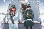  bench bitchcraft123 blue_eyes braid brown_eyes brown_hair city cold cup germany gloves gun hair_between_eyes helmet long_hair military military_uniform mittens mp40 multiple_girls original poster_(object) ppsh-41 red_hair russia russian sitting snow snowing soldier stahlhelm steam submachine_gun twin_braids uniform war weapon world_war_ii 