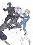  2boys aldnoah.zero bad_id bad_pixiv_id bangs blue_eyes blunt_bangs bodysuit exoskeleton hairband harklight jewelry kicking lemrina_vers_envers multiple_boys open_mouth pendant power_armor purple_hair reammara short_hair silver_hair slaine_troyard 