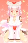  animal_ears bad_id bad_pixiv_id blush breasts cleavage collarbone detached_sleeves hat inubashiri_momiji kourindou_tengu_costume large_breasts looking_at_viewer marusan open_mouth red_eyes short_hair silver_hair sitting solo tail tokin_hat touhou wolf_ears wolf_tail 