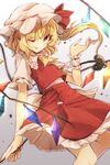  ;p ascot blonde_hair flandre_scarlet hat hat_ribbon highres hisona_(suaritesumi) holding laevatein looking_at_viewer one_eye_closed red_eyes ribbon short_hair short_sleeves side_ponytail skirt skirt_set smile solo tongue tongue_out touhou wings wrist_cuffs 