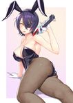  animal_ears ass bare_shoulders breasts bunny_ears bunnysuit gloves holding holding_weapon kantai_collection katana large_breasts left-handed pantyhose purple_hair solo sword tenryuu_(kantai_collection) thighs weapon white_gloves yellow_eyes yuuji_(and) 