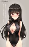  alternate_costume arms_behind_back black_hair black_swimsuit blush breasts cleavage cleavage_cutout covered_nipples cowboy_shot front_zipper_swimsuit grey_background hair_ribbon halterneck highleg highleg_swimsuit hime_cut hips isokaze_(kantai_collection) kantai_collection large_breasts light_smile long_hair looking_at_viewer meme_attire nose_blush one-piece_swimsuit red_eyes ribbon sidelocks simple_background smile solo standing swimsuit translated tress_ribbon turtleneck twitter_username uni8 unzipped very_long_hair wavy_mouth 