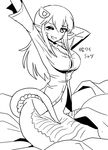  ;d breasts covering covering_crotch cowboy_shot eyebrows_visible_through_hair fang greyscale hair_between_eyes hair_ornament hairclip lamia large_breasts long_hair looking_at_viewer miia_(monster_musume) monochrome monster_girl monster_musume_no_iru_nichijou navel one_eye_closed open_mouth pointy_ears scales shake-o simple_background sketch smile solo tail_censor waking_up white_background 
