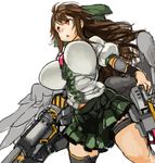  adapted_costume alternate_weapon arm_cannon bird_wings black_legwear bow breasts brown_hair feathered_wings green_bow green_skirt hair_bow huge_breasts long_hair miniskirt open_mouth perky_breasts pleated_skirt puffy_short_sleeves puffy_sleeves red_eyes reiuji_utsuho sachito short_sleeves simple_background single_thighhigh skirt solo thick_thighs thigh_strap thighhighs thighs third_eye touhou weapon white_background wings 