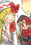  blonde_hair blush bow closed_eyes commentary_request dress fairy_wings gaoo_(frpjx283) hair_bow hat hat_ribbon highres lily_black lily_white long_hair multiple_girls open_mouth red_eyes ribbon touhou wings 