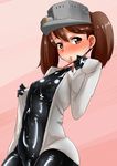  ayuayu_(shouyu_no_sato) blush bodysuit brown_eyes brown_hair covered_nipples flat_chest jacket kantai_collection latex long_hair looking_at_viewer pink_background ryuujou_(kantai_collection) solo twintails 