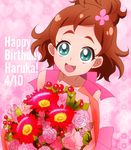  aqua_eyes bouquet brown_hair character_name dated eyebrows flower go!_princess_precure half_updo happy_birthday haruno_haruka masako_(sabotage-mode) pink_background pink_flower pink_rose precure rose short_hair smile solo thick_eyebrows 