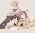  bad_id bad_pixiv_id bangs banned_artist black_legwear blonde_hair bow braid brown_eyes brown_hair cardigan collared_shirt commentary_request eraser hair_bow hairband holding holding_pencil homework long_sleeves looking_at_another lying mechanical_pencil minagiku multiple_girls on_stomach original pencil pencil_case pleated_skirt school_uniform serafuku shirt simple_background sitting skirt squiggle thighhighs twin_braids 