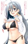  :d ahoge alternate_breast_size bikini bikini_under_clothes black_bikini blush breasts covered_nipples eighth_note front-tie_top kantai_collection kiyoshimo_(kantai_collection) large_breasts lifted_by_self long_hair musical_note navel open_mouth partially_translated shirt_lift side-tie_bikini simple_background smile solo swimsuit swimsuit_under_clothes translation_request twintails uni8 very_long_hair white_background 