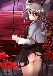  animal_ears ass bad_id bad_pixiv_id basket blush capelet cowboy_shot dowsing_rod flower from_behind frown grey_hair highres hitotsuki_nebura jewelry long_sleeves looking_at_viewer looking_back mouse mouse_ears mouse_tail nazrin no_panties pendant red_eyes short_hair silver_hair skirt skirt_lift solo spider_lily tail tail_hold touhou 