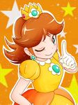  blue_eyes brown_hair crown dress earrings female gloves jewelry nintendo princess_daisy smile solo star super_mario_bros. super_mario_land wink 