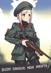  a9b_(louis814) beret beretta_model_38 black_legwear blonde_hair blush cloud green_eyes gun hat highres holding holding_gun holding_weapon italian italy long_sleeves military military_uniform original pantyhose short_hair sling smile soldier solo submachine_gun translated turtleneck uniform weapon world_war_ii 