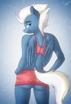  2015 anthro anthrofied blue_eyes blue_fur clothing equine friendship_is_magic fur hair hand_on_hip hi_res looking_at_viewer mammal my_little_pony night_glider_(mlp) pegasus rear_view skipsy smile solo two_tone_hair wings 