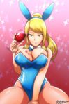  akairiot alcohol animal_ears blonde_hair blue_eyes bow bowtie breasts bunny_ears bunny_girl bunnysuit bursting_breasts bust_cup cleavage cup detached_collar drinking_glass fake_animal_ears fishnet_pantyhose fishnets large_breasts long_hair metroid mole mole_on_breast mole_under_mouth naughty_face pantyhose ponytail samus_aran solo sparkle spill wine wine_glass 