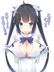  arm_ribbon bare_shoulders black_hair blue_eyes blue_ribbon bow breasts cleavage cleavage_cutout covered_navel covered_nipples dress dungeon_ni_deai_wo_motomeru_no_wa_machigatteiru_darou_ka gloves hair_ornament hair_ribbon hands_up heart hestia_(danmachi) highres large_breasts long_hair looking_at_viewer mentei_yakuna open_mouth rei_no_himo ribbon see-through short_dress sleeveless sleeveless_dress smile solo twintails white_dress white_gloves 