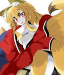  1girl animal_ears blonde_hair disgaea fox_ears fox_tail from_behind karatakewari looking_at_viewer looking_back makai_senki_disgaea_5 monster_girl nine-tailed_fox_(disgaea) open_mouth prinny red_eyes slit_pupils tail white_skin 