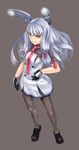  &gt;:) abazu-red black_legwear brown_eyes from_above full_body gloves hand_on_hip headgear highres kantai_collection loafers long_hair looking_at_viewer looking_up murakumo_(kantai_collection) pantyhose remodel_(kantai_collection) school_uniform serafuku shoes silver_hair simple_background smile solo thighhighs v-shaped_eyebrows 