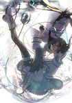  air_bubble black_hair black_legwear blue_eyes boots bubble cross-laced_footwear gloves headphones highres lace-up_boots leg_garter long_hair looking_at_viewer microphone_stand open_mouth pantyhose shirotolee solo tears underwater utau very_long_hair water xia_yu_yao 