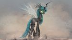  changeling fangs female friendship_is_magic glowing glowing_eyes grass green_eyes green_hair hair holes horn insect_wings my_little_pony ncmares queen_chrysalis_(mlp) rock sharp_teeth slit_pupils solo teeth walking wings 