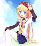  :d blonde_hair blue_eyes clover_days hair_ornament hairclip hat kamichi_miyaki long_hair looking_at_viewer open_mouth plaid plaid_skirt pleated_skirt school_uniform serafuku sitting skirt smile solo takakura_anzu thighhighs white_legwear zettai_ryouiki 