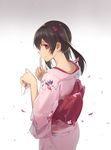  bad_id bad_pixiv_id black_hair finger_to_mouth floral_print gradient gradient_background hair_ribbon highres huanxiang_heitu japanese_clothes kimono letter long_sleeves looking_at_viewer love_letter love_live! love_live!_school_idol_project nape petals pink_eyes revision ribbon sash shushing smile solo twintails wide_sleeves yazawa_nico 