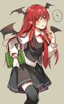  bat_wings black_legwear blush book breasts colorized head_wings jpeg_artifacts koakuma long_hair long_sleeves looking_at_viewer necktie open_mouth pointy_ears puffy_sleeves red_eyes red_hair red_neckwear shirt simple_background sketch skirt skirt_set solo speech_bubble sweatdrop text_focus thighhighs touhou vest wings yunomachi zettai_ryouiki 