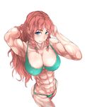  abs bad_id bad_pixiv_id biceps bikini blue_eyes blush braid breasts collarbone covered_nipples from_above green_bikini hands_in_hair highres hong_meiling large_breasts long_hair looking_at_viewer looking_up muscle muscular_female neck o-ring o-ring_top poini_(king-scarlet-dead) simple_background smile solo swimsuit touhou twin_braids white_background 