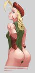  ahoge ass bad_deviantart_id bad_id beret blonde_hair blue_eyes braid breasts cammy_white cowboy_shot cropped_legs fingerless_gloves from_behind from_side gloves green_leotard hand_on_hip hat highres huge_ahoge leotard long_hair looking_back scar small_breasts solo street_fighter thong_leotard toned twin_braids whistle_frog 