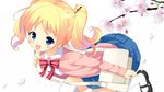  :d alice_cartelet bad_id bad_pixiv_id bag blonde_hair blue_eyes blue_skirt cherry_blossoms hair_ornament hair_stick handbag highres holding_strap kin-iro_mosaic looking_at_viewer maccha mary_janes open_mouth petals ribbon shoes skirt smile solo twintails white_legwear 