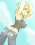  armpits arms_behind_head black_shirt breasts butt_crack cloud cloudy_sky denim ga_geijutsuka_art_design_class hands_clasped interlocked_fingers jeans large_breasts light_brown_eyes light_brown_hair looking_at_viewer nozaki_namiko oteruko_(wanabeee) own_hands_together pale_color pants shirt sky solo sweat tank_top 