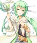  caam_serenity_of_gusto collar collarbone duel_monster green_eyes green_hair hand_on_own_chest highres jewelry long_hair looking_at_viewer midriff navel ponytail robe shintani_tsushiya simple_background smile solo staff white_background yuu-gi-ou 