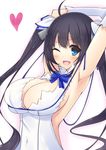  arm_ribbon armpits arms_up bare_shoulders black_hair blue_eyes blue_ribbon blush bow breasts cleavage cleavage_cutout covered_navel dress dungeon_ni_deai_wo_motomeru_no_wa_machigatteiru_darou_ka gloves hair_ornament hair_ribbon hands_up heart hestia_(danmachi) highres large_breasts long_hair looking_at_viewer one_eye_closed open_mouth rei_no_himo ribbon short_dress simple_background sleeveless sleeveless_dress smile solo tanakahazime twintails upper_body white_background white_dress white_gloves 