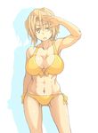  abs bikini breasts front-tie_bikini front-tie_top ga_geijutsuka_art_design_class hand_over_face kaitou_reiko large_breasts light_brown_eyes light_brown_hair nozaki_namiko oteruko_(wanabeee) shadow side-tie_bottom solo standing swimsuit white_background yellow_bikini 