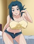  :&gt; :d adjusting_hair arm_behind_back ass_visible_through_thighs bare_shoulders bed blue_eyes blue_hair blue_shorts breasts breasts_apart camisole cleavage contrapposto covered_nipples cowboy_shot crop_top cutoffs denim denim_shorts eyebrows folded_ponytail forked_eyebrows future_card_buddyfight hand_up hips indoors large_breasts long_hair makino_tomoyasu mature midriff mikado_suzumi naughty_face navel no_bra open_fly open_mouth pillow pubic_hair puffy_nipples shirt short_shorts shorts sideboob smile solo standing taut_clothes taut_shirt thighs yellow_shirt 