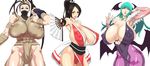  3girls areolae blush breasts brown_eyes brown_hair capcom cleavage erect_nipples fan female green_hair highres huge_breasts ibuki_(street_fighter) king_of_fighters lips long_hair morrigan_aensland multiple_girls nipples no_bra ponytail puffy_nipples see-through shiranui_mai simple_background smile snk standing steelxxxhotogi street_fighter tetsu_(suchiiru_mania) thighs vampire_(game) white_background yellow_eyes 