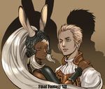  1girl animal_ears balflear balusah blonde_hair blue_eyes bunny_ears copyright_name dark_skin ears_through_headwear final_fantasy final_fantasy_xii fran helmet long_hair red_eyes short_hair upper_body viera white_hair 