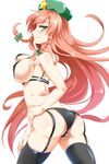  areolae ass back bad_id bad_pixiv_id black_bra black_legwear black_panties bra braid breasts e.o. garter_straps green_eyes hand_on_hip hat highres hong_meiling large_breasts long_hair looking_at_viewer micro_bra panties red_hair sideboob smile smug solo star thighhighs touhou twin_braids underwear underwear_only very_long_hair 