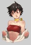  abs bad_deviantart_id bad_id bandeau bare_shoulders black_hair blush breasts brown_eyes choker covered_nipples dougi grey_background makoto_(street_fighter) midriff navel off_shoulder ribbon_choker short_hair small_breasts solo strapless street_fighter tomboy undressing upper_body whistle_frog 