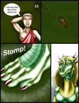  2003 anthro armwear barefoot blonde_hair breasts clothed clothing comic dialogue dragon duo ear_piercing english_text eyes_closed female footwear gem green_eyes hair horn human jewelry long_hair male mammal markie piercing sandals scalie slit_pupils smile speech_bubble stomping text 