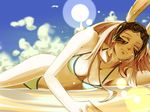  animal_ears bikini blue_sky breasts bunny_ears closed_eyes cloud contemporary dark_skin day final_fantasy final_fantasy_xii fran helmet lens_flare long_hair lying masapeko medium_breasts on_side sky solo swimsuit viera white_hair 