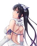  back backless_outfit black_hair blue_eyes blue_ribbon breasts dress dungeon_ni_deai_wo_motomeru_no_wa_machigatteiru_darou_ka from_behind gloves hestia_(danmachi) highres large_breasts long_hair looking_at_viewer looking_back rariemonn rei_no_himo ribbon solo twintails white_dress white_gloves 