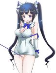  ayano_rena black_hair blue_eyes blue_ribbon blush breasts cleavage dungeon_ni_deai_wo_motomeru_no_wa_machigatteiru_darou_ka gloves hair_ribbon hestia_(danmachi) large_breasts long_hair pussy pussy_juice rei_no_himo ribbon simple_background solo twintails white_background white_gloves 