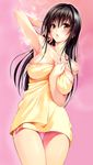  :o areola_slip areolae arm_behind_head arm_up armpits ass_visible_through_thighs bare_shoulders between_breasts black_hair blush breasts brown_eyes collarbone covered_nipples cowboy_shot hair_flip highres kotegawa_yui large_breasts long_hair naked_towel official_art open_mouth orange_eyes solo steam steaming_body to_love-ru towel yabuki_kentarou yellow_towel 